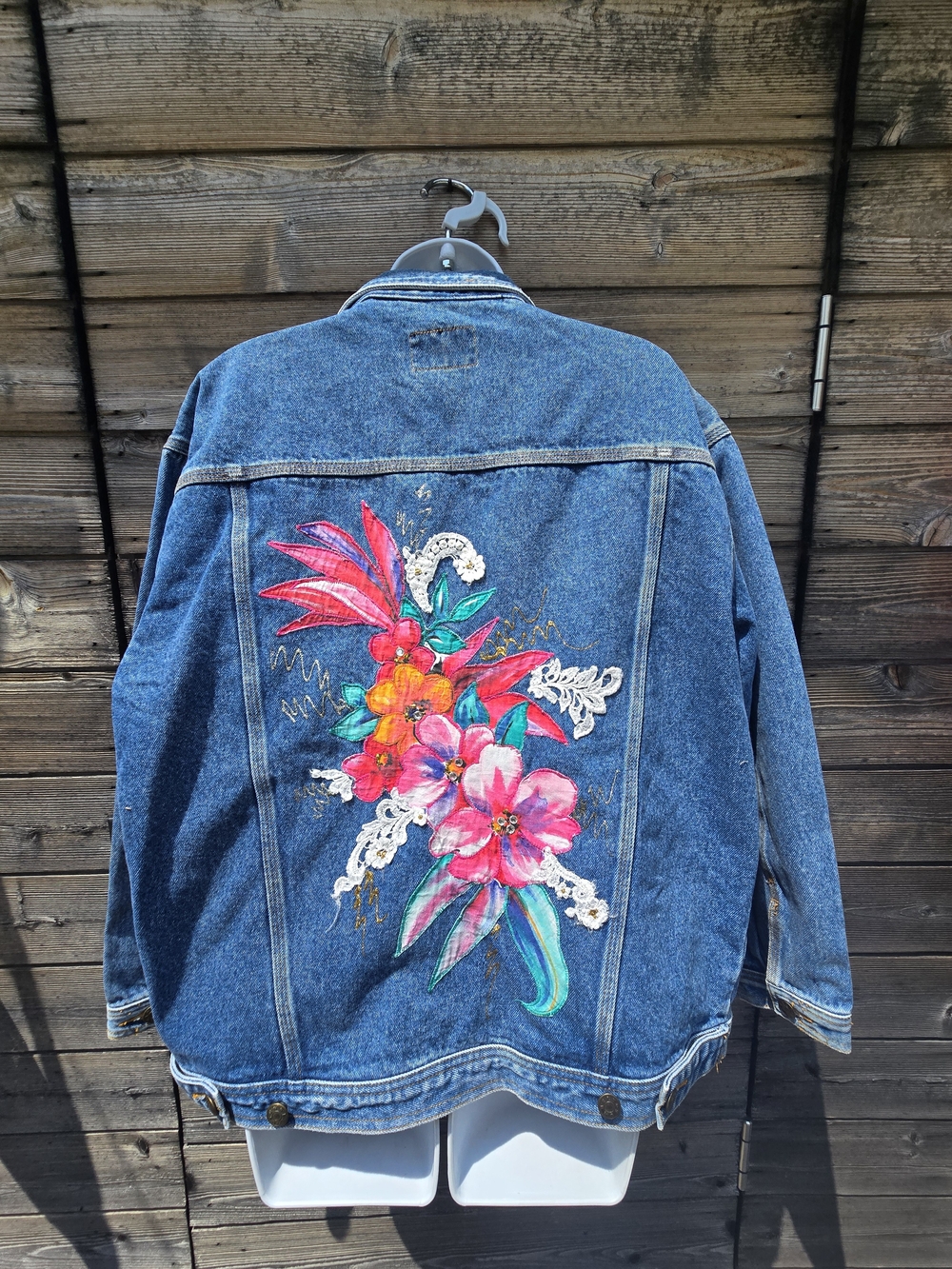 Floral Denim Jacket - Pink & Turquoise Flowers